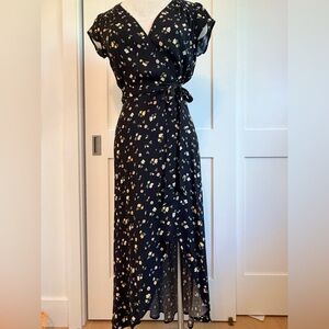 Reformation Black Maxi Wrap Dress with Ditzy Floral Pattern